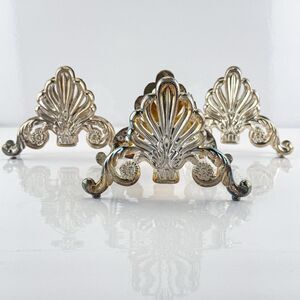Vintage Set of 3 Ornate Silver Plated Shell Napkin Holder & Flatware Rests